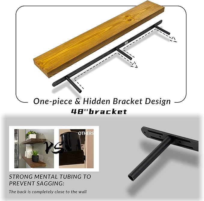 Rustic Floating Shelves 48 inch Long 8 inch deep Set of 2, Solid Wood Wall Shelves for Bedroom Living Room Kitchen,Book Shelf for Wall, Wall Mounted Shelves with Hidden Bracket- Gold Oak