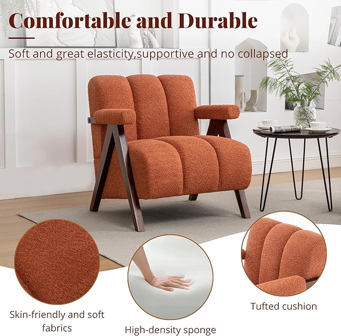 Mid Century Modern Accent Chair with Solid Wood Frame, Boucle Upholstered Living Room Chairs with Thick Cushion, Comfy Tufted Arm Chair for Bedroom, Orange