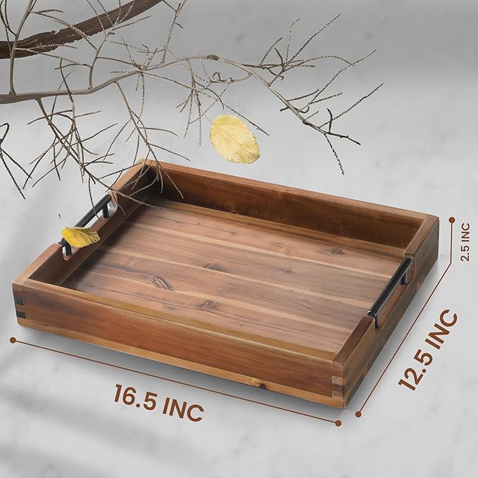 Ottoman Tray, Acacia Wood Serving Tray with Metal Handles, 16.5x12.5in Food Drinks Tray for Coffee Table, Breakfast, Dinner & Bar, Rustic Decorative Storage Tray for Ottoman, Kitchen, Packaging