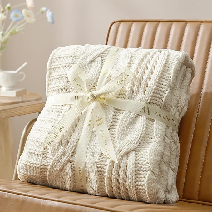 Amélie Home Chunky Knit Throw Blanket, Dual-Sided Soft Chenille Breathable Cable Knitted Blanket for Couch, Farmhouse Decorative Throw for Sofa & Chair, 50"x60", Ivory