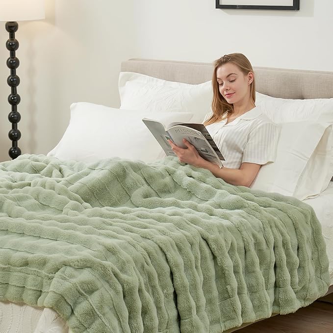 Cozy Bliss Fluffy Faux Fur Blanket King Size for Bed, Fuzzy Soft Striped Plush Blanket, Thick Throw for Bedroom Couch Gift, 108x90 Inches Sage Green