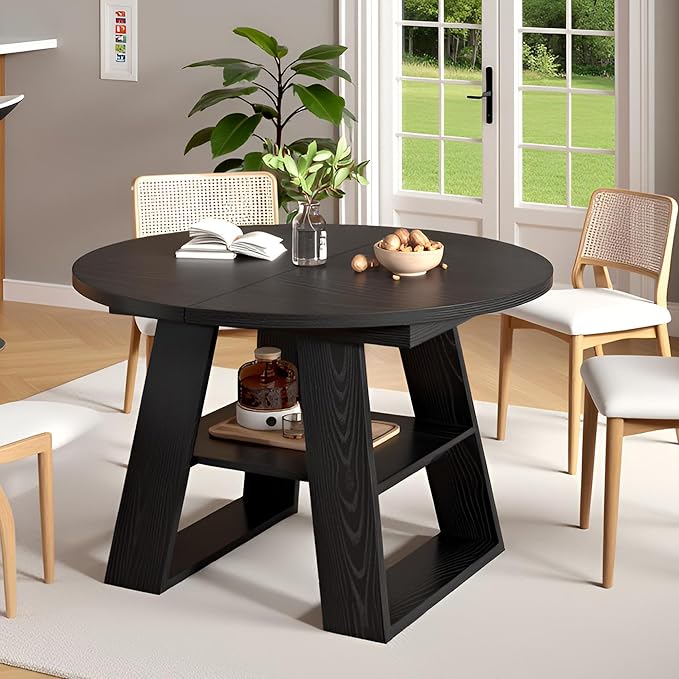 43.3in-59in Extendable Round Dining Table for 2-8,Modern Kitchen Oval Dining Table with Removable Leaves Space Saving,Wood Base with Storage Shelf for Kitchen Living Room (Black Style 2)