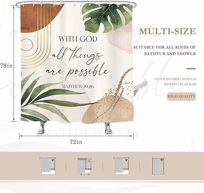 Glawry Boho Bible Verse Shower Curtain Extra Long Inspirational Abstract Scriptures Quotes Palm Leaf Bathroom Mid Century Christian 72Wx78L Inches Bath Accessories Art Home Decor Fabric 12 Pack Hook