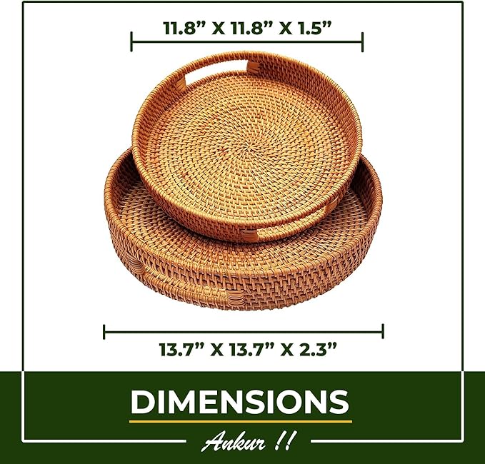 Round Rattan- Handmade Serving Tray-Decorative Woven Ottoman-Trays with Handles for Coffee Table Natural Basket Wave Tray (L- 13.7 Inch & M-11.8 Inch)