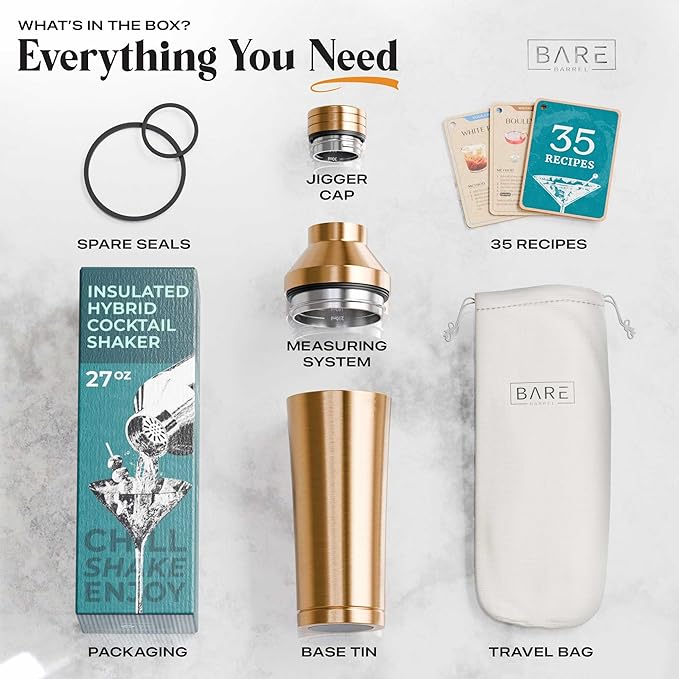 Insulated Cocktail Shaker Set | Double Wall Stainless Steel | Martini Shaker for Home Bar Bartending | Built-in Drink Measurement System & Strainer, Travel Bag, 35 Recipes | Gift Set (Copper)