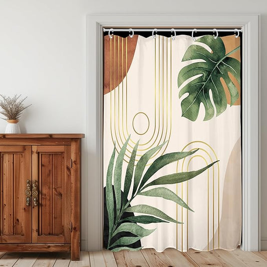 Glawry Boho Sage Green Shower Curtain Small Stall Narrow Mid Century Abstract Bohemian Botanical Palm Leaf Bathroom Liner Arch 48Wx72L Inches Bath Accessories Art Home Decor Fabric 7 Pack Hook