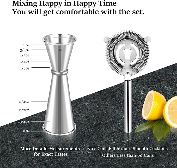 Lexenic Professional Starter Bartender Kit Cocktail Shaker Set,6 Piece - Home Bar Tool Set - Drink Mixer Kit with Accessory Tools: Bar Mat,Martini Shaker, Jigger, Strainer, Bar Spoon, Muddler (Kit E)