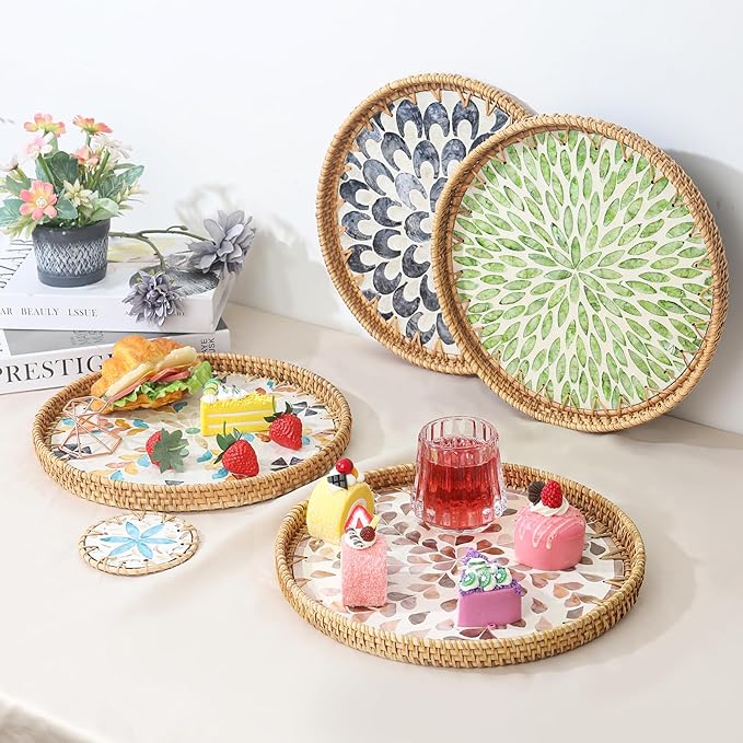 Round Rattan Serving Tray with Mother of Pearl Inlay & Coaster, Boho Wicker Basket, Decorative Coffee Table Tray for Table Decor, Storage and Display of Coffee Bread Fruit (Wicker)