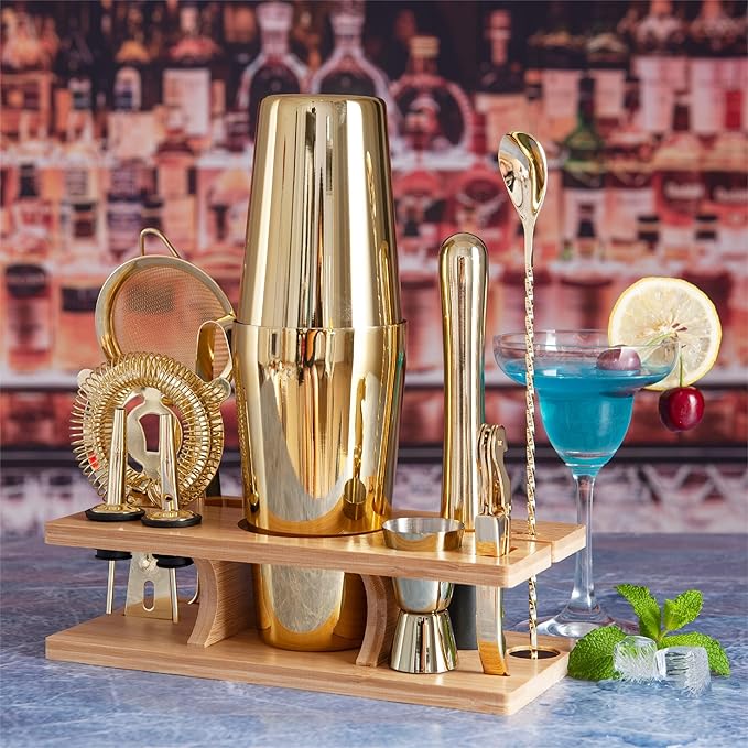 11-Pcs Cocktail Shaker Set Gold,Bartending Kit Stainless Steel Shakers 25oz Bar Kits for Bartender Mixing Set Barware Tool Sets for Professional Bartender and Home