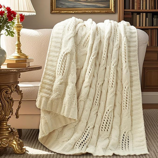 Amélie Home Chunky Knit Throw Blanket, Dual-Sided Soft Chenille Breathable Cable Knitted Blanket for Couch, Farmhouse Decorative Throw for Sofa & Chair, 50"x60", Ivory