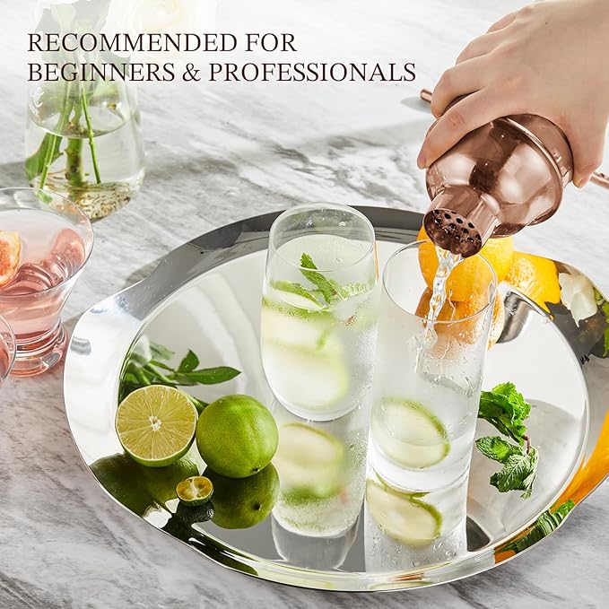 KITESSENSU Cocktail Shaker Set, Stainless Steel Bartending Kit with 25 Ounce Cocktail Shaker with Built in Drink Strainer, Measuring Jigger, Mixing Spoon & Drink Recipe Guide, Rose Gold