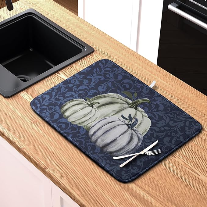 Autumn Dish Drying Mat Fall Navy Blue White Pumpkin Dish Pad for Kitchen Counter 16x18 Microfiber Absorbent Thanksgiving Dish Draining Mat Reusable Washable Dish Drainer Rack Mat