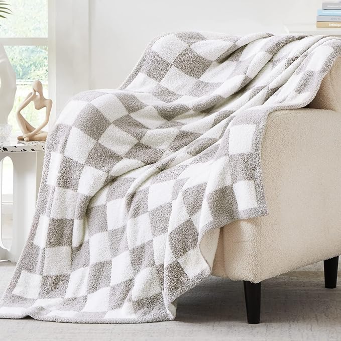 WRENSONGE Checkered Throw Blanket, Light Grey Soft Cozy Fluffy Warm Hand Made Throw Blankets for Couch, Sofa, Chair, Bed, Camping, Picnic, Travel Lightweight Bed Blanket - 50"*70"