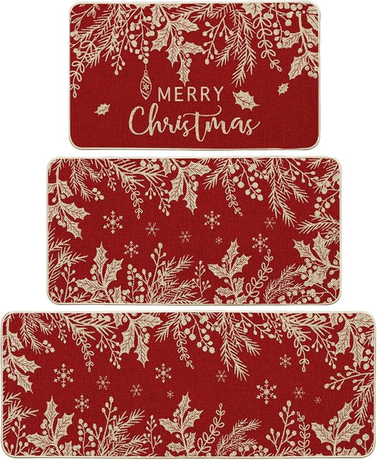 Artoid Mode Holly Pine Branches Leaves Merry Christmas Kitchen Mats Set of 2, Winter Decor Low-Profile Kitchen Rugs for Floor - 17"x29"+17"x36"+17"x47"