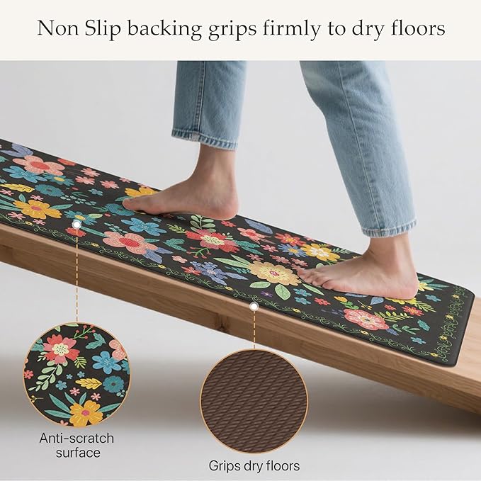 GENIMO Kitchen Mats for Floor 2PCS, Cushioned Kitchen Rugs Non Slip Washable, Farmhouse Anti Fatigue Mat Waterproof, Comfort Standing Mat Rug for Laundry, Office, Home, Sink, 23.6"x71"+20"x32", Black