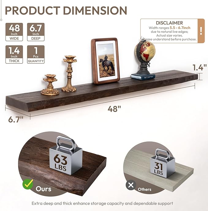 Marsmiles 48 inch Floating Shelves for Wall Elm Wood Live Edge Shelves Wall Mounted|Rustic Long Floating Shelves with Invisible Bracket for Bathroom Living Room Kitchen|Walnut, 1 Pack
