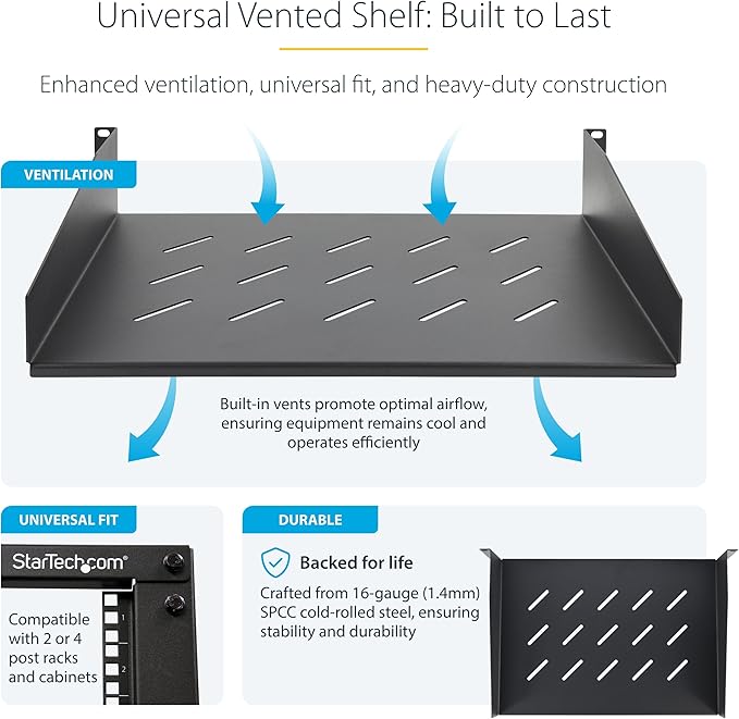 StarTech.com 2U Rack Shelf, 12" Mounting Depth, Vented Cantilever Tray for 19" AV/Network Equipment, 25lb Capacity, for Small Office/Home Office