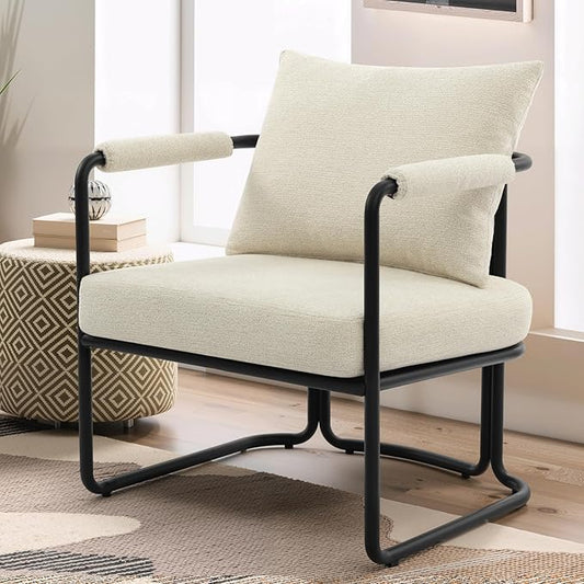Mid-Century Modern Accent Chair, Comfy Upholstered Lounge Arm Chair with Chenille Fabric for Living Room, Bedroom, Apartment, Reading Corner, Office, Cream Beige