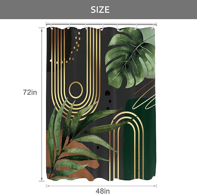 Glawry Dark Green Gold Boho Mid Century Shower Curtain Small Stall RV Narrow Abstract Minimalist Geometric Modern Leaf Bathroom Simple 48Wx72L Inches Bath Accessories Art Home Decor Fabric 8 Pack Hook