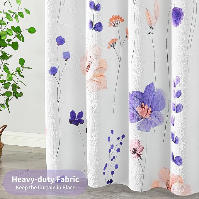 QIYI 3D Embossed Butterflies Blue Purple Flower Shower Curtain, Minimalist White Cloth Textured Waterproof Fabric Set with Hooks, 72x72