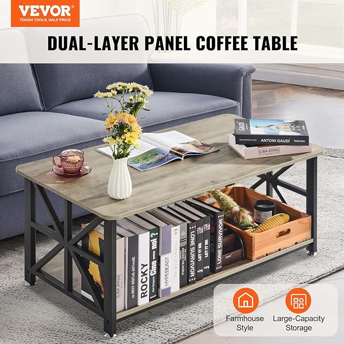 VEVOR 40" Farmhouse Coffee Table, Rectangle Coffee Table with Open Storage Compartment, Wooden Rustic Cocktail Table for Living Room, Bedroom, Apartment, Studio, Brown & Black