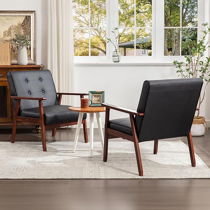 STHOUYN Black Leather Accent Chair for Office, Waiting Room Lobby Chair with Wooden Arms, Mid Century Modern Small Armchair Living Room Sofa Set (Black (Chair))