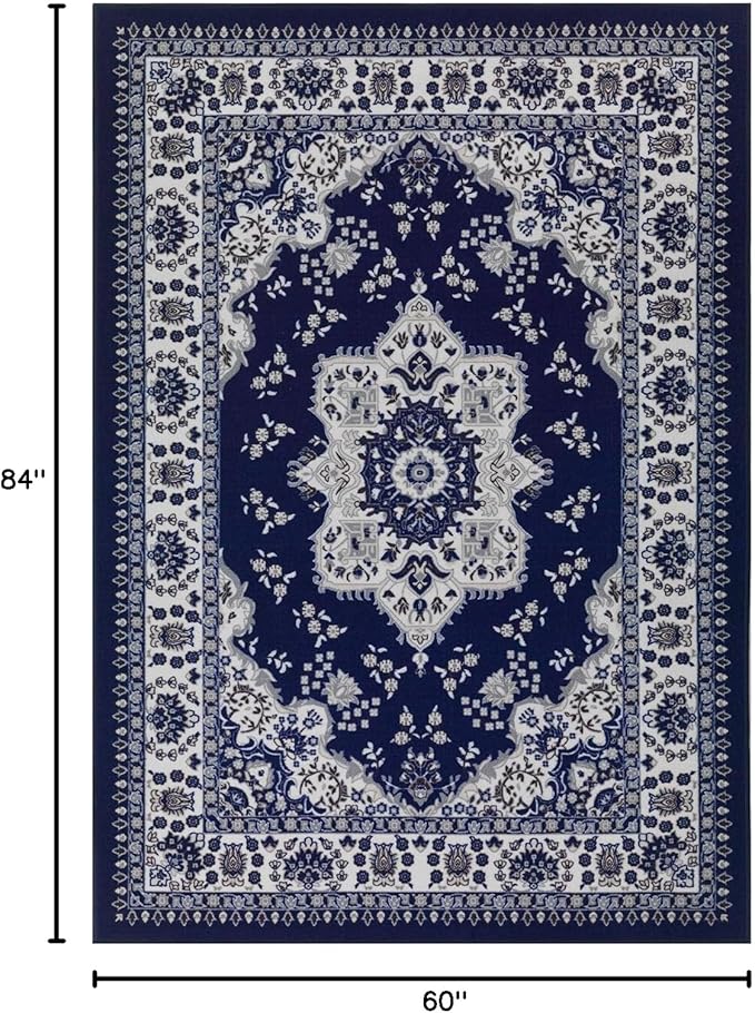 Antep Rugs Alfombras Oriental Traditional 5x7 Non-Skid (Non-Slip) Low Profile Pile Rubber Backing Indoor Area Rugs (Navy Blue, 5' x 7')