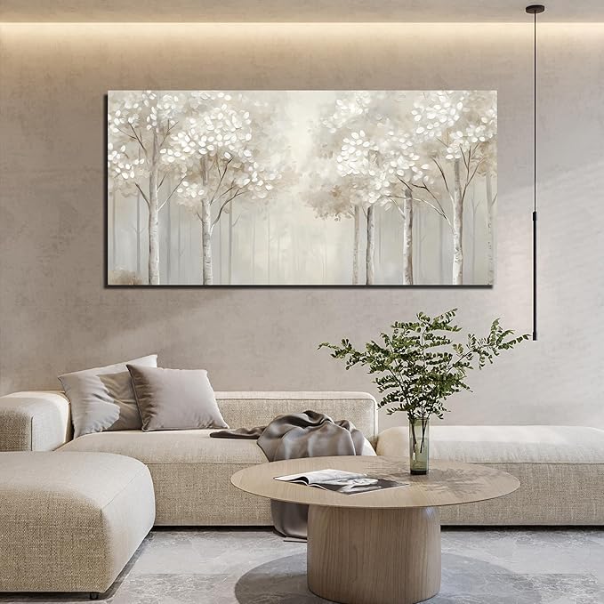 ANCXWOTER Large Forest Wall Art for Living Room White Misty Birch Tree Picture for Bedroom Office Modern Landscapes Canvas Prints Ready to Hang 29x58 Inch