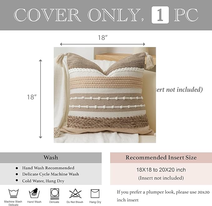 BlissBlush Brown Decorative Throw Pillow Cover 18x18 Square Boho Accent Pillowcase Tassels Farmhouse Cushion for Couch Sofa Bedroom Livingroom Home Décor Cover ONLY (Pack of 1)