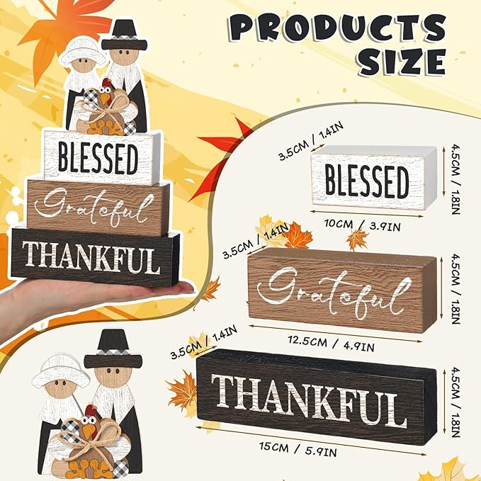 4 Pcs Thanksgiving Table Decor for Home Pilgrim Couple Wooden Signs with Blessed Thanksgiving Autumn Tiered Tray Decor Turkey Tabletop Centerpiece Grateful Block Signs for Office Kitchen Shelf