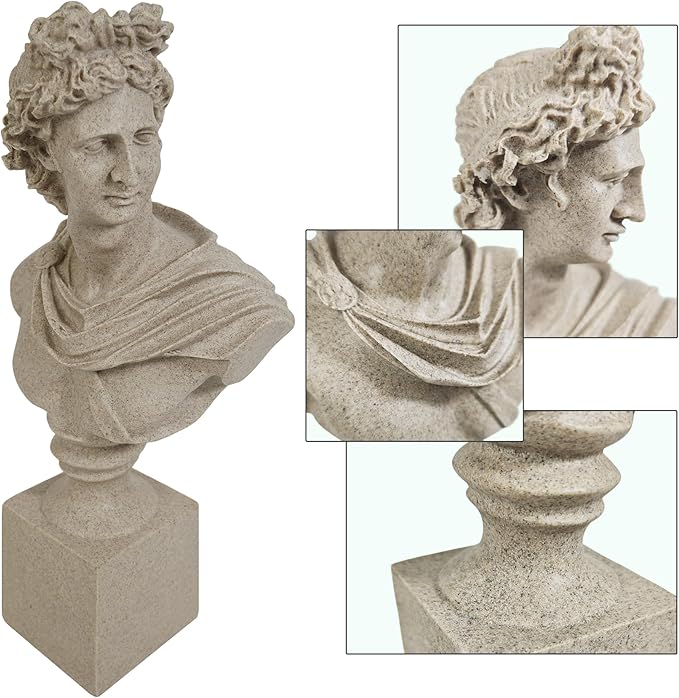 Apollo of The Belvedere Bust Sculpture, Greek Pythian Apollo Statuette, Sandstone Sculpted Figure, 14 x 7.5 x 3.25 Inches