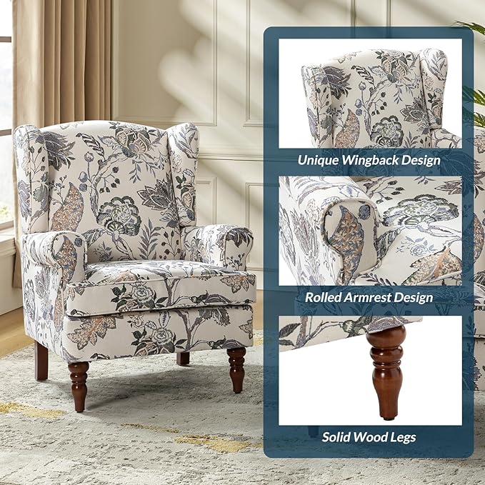 HULALA HOME Wingback Accent Chairs Set of 2 with Retro Wood Legs, Traditional Fabric Armchairs for Living Room Bedroom, Comfy Upholstered Sofa Chairs Reading Chairs with Unique Pattern Design, Green