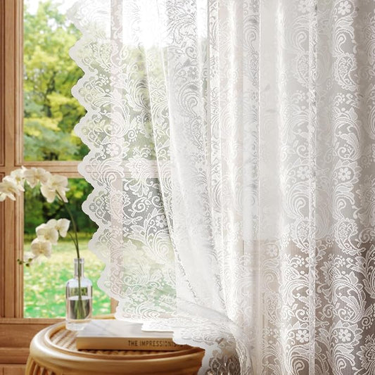 White Lace Sheer Curtains – Vintage Floral Lace for Bedroom/Kitchen, Victorian Privacy Light Filtering Rod Pocket Drapes, Delicate Chic Window Treatments Scalloped Hem, 52W x 54L Inch, 2-Panel