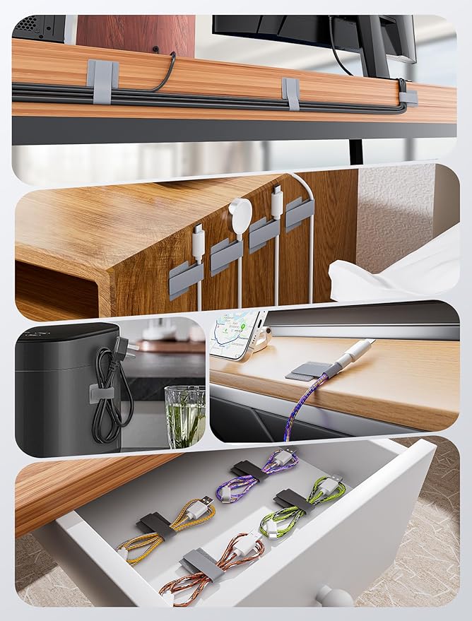 200pcs Hook and Loop Cable Ties, gliship Adhesive Wire Management, Adjustable Cable Straps Cord Wrappers Keeper Cord Holder, Sticky-Back Cord Organizer for Kitchen Appliances at Office, Home - Grey