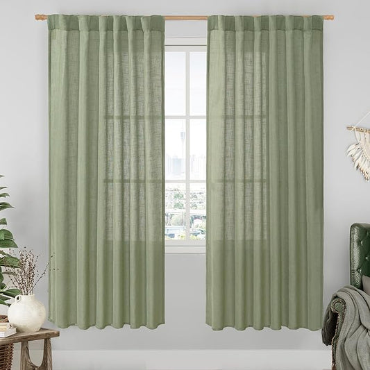LAMIT Sage Green Linen Curtains for Living Room, 78 inch Length, Light Filtering Semi Sheer Panels with Back Tab and Rod Pocket, Christmas Panels for Bedroom/Sliding Glass Door, 52 x 78 Inch