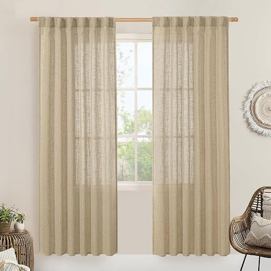 LAMIT Light Filtering Linen Curtains 78 inch for Bedroom, Faux Linen Textured Semi Sheer Back Tab and Rod Pocket Boho Modern Drapes for Living Room/Farmhouse, Brown, 2 Panels, 52 x 78 Inch