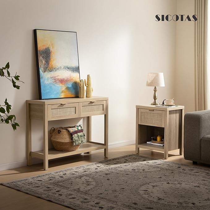 SICOTAS Rattan Nightstand, Farmhouse Night Stands with Drawer, Boho End Side Table for Bedroom, Small Space, Black Oak