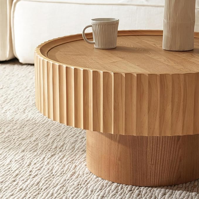 Round Coffee Table, Modern Living Room Tables with Mushroom Shape and Grooved Design, Large Coffee Tables, Circle Pinewood Center Table for Living Room (Nature Wood, 30.3''L×13.7''H)