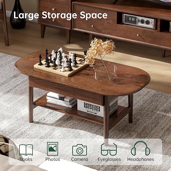 100% Solid Oak Wood Coffee Table for Living Room, 2-Tier Mid Century Modern Living Room Table with 2 Drawers & Open Shelf, Coffee Table with Rounded Corner for Home (Oak Walnut Finish, 39.37'' W)
