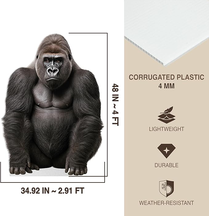 Gorilla Life Size Standee - 4FT Freestanding Coroplast Cutouts | Jungle Animal Standup Photo Booths, Jungle Party, Birthday & Halloween Decorations