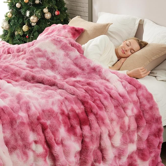 Cozy Bliss Faux Fur Throw Blanket for Couch, Bubble Plush Blanket Queen Size, Fuzzy Soft & Thick Blanket for Bed Sofa Living Room, 90x90 Inches Tie-dye Pink