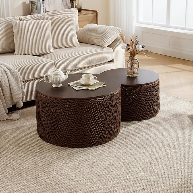 Round Nesting Coffee Table Set of 2, Dark Brown Wooden Circle Side Tables Rustic Woven Sofa Table for Small Space Living Room Bedroom Apartment No Assembly Required