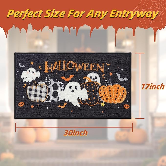 JSEI Halloween Holiday Doormat, 17''x30'' Non-Slip Ghost and Pumpkins Decorative Welcome Mats for Floor, Low-Profile Entryway Rugs Washable, Pumpkins Party Pattern