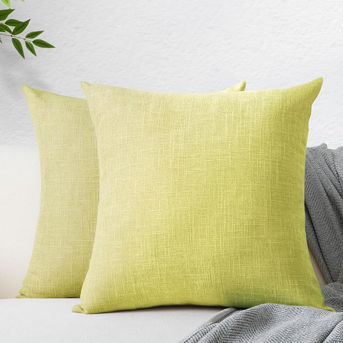JIUZHEN 18x18 Inch Green Faux Linen Pillow Covers Set of 2, Farmhouse Rustic Decorative Cushion Covers for Sofa Bed, Soft Breathable Washable Zippered Pillowcase