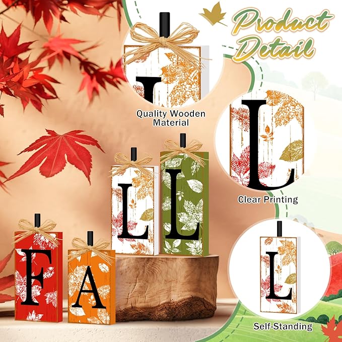 4 Pcs Fall Decorations for Home, Thanksgiving Fall Sign Wooden Tiered Tray Decor Vintage Farmhouse Table Decor Autumn Maple Leaf Harvest Tabletop Centerpieces for Home Kitchen Indoor Mantel