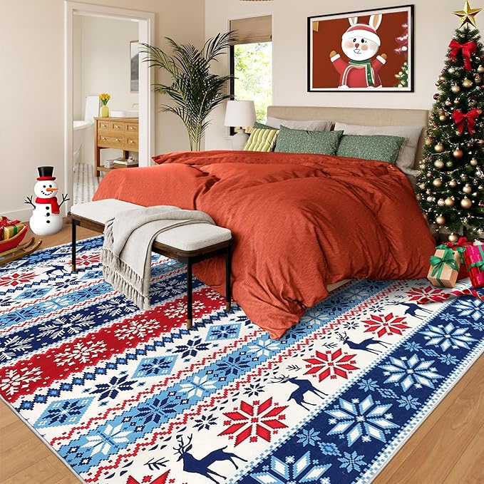 5x7 Christmas Area Rug Living Room Bedroom Large Xmas Decor Area Rug Indoor Washable Non-Slip Throw Floor Covers Boho Accent Rug Farmhouse Rug Festival Xmas Carpet for Dining Room, Blue
