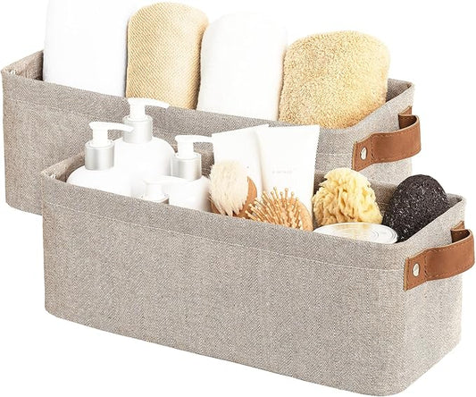 StorageWorks Narrow Storage Bins, Small Basket for Closet and Shelves, Fabric Organizer with Handles, Toilet Paper Storage, Brown and Beige, 2-Pack