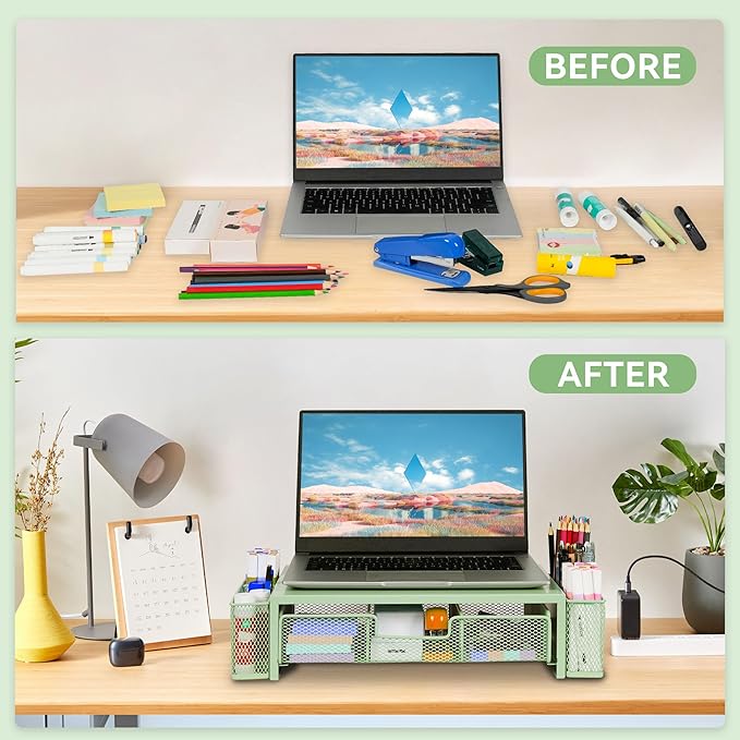 Computer Monitor Stand Riser with Drawer and Pen Holders, Desk Organizer Shelf and Accessories, Office Desk Accessories, Office Organization, Green