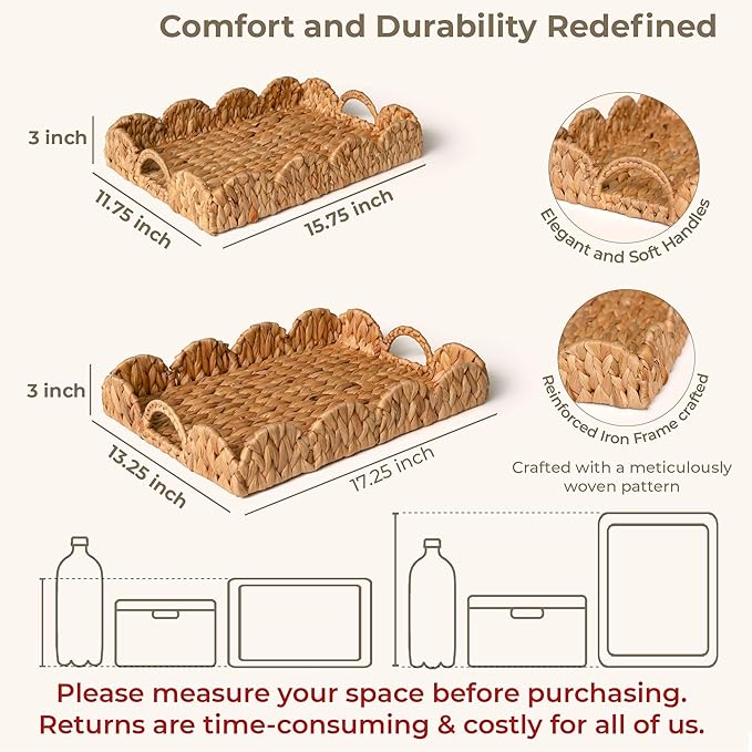 KOKODO Set of 2 Wicker Scalloped Tray – Handwoven Water Hyacinth Basket Trays, Decorative Scalloped Wicker Tray for Serving, Organizing, Kitchen, Coffee Table, Bathroom, and Shelf Décor.