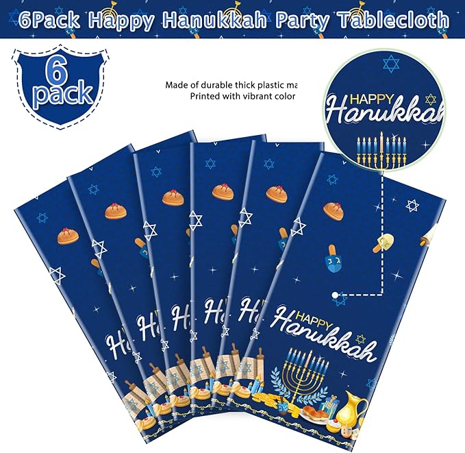 6 Pack Happy Hanukkah Plastic Jewish Tablecloth, Rectangular 58x104 Inch - Chanukah Festival Cover & Backdrop for Hanukkah Party Supplies